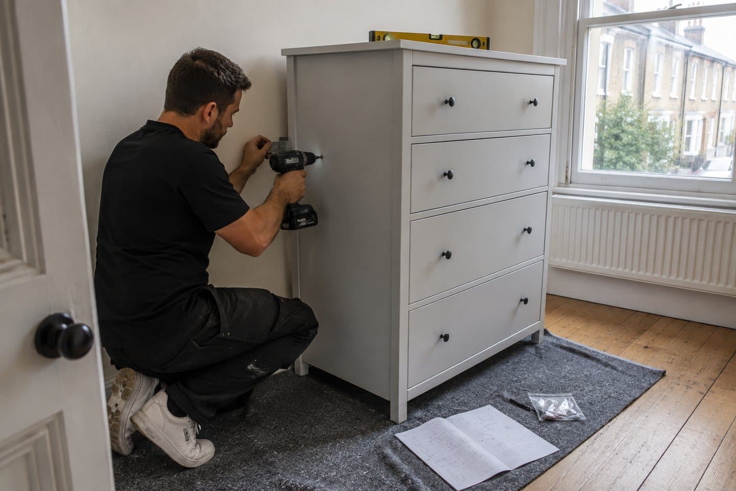 A worker kneeling behind a newly assembled chest of drawers, fixing an anti-tip bracket to the wall with a cordless drill on a protective sheet.