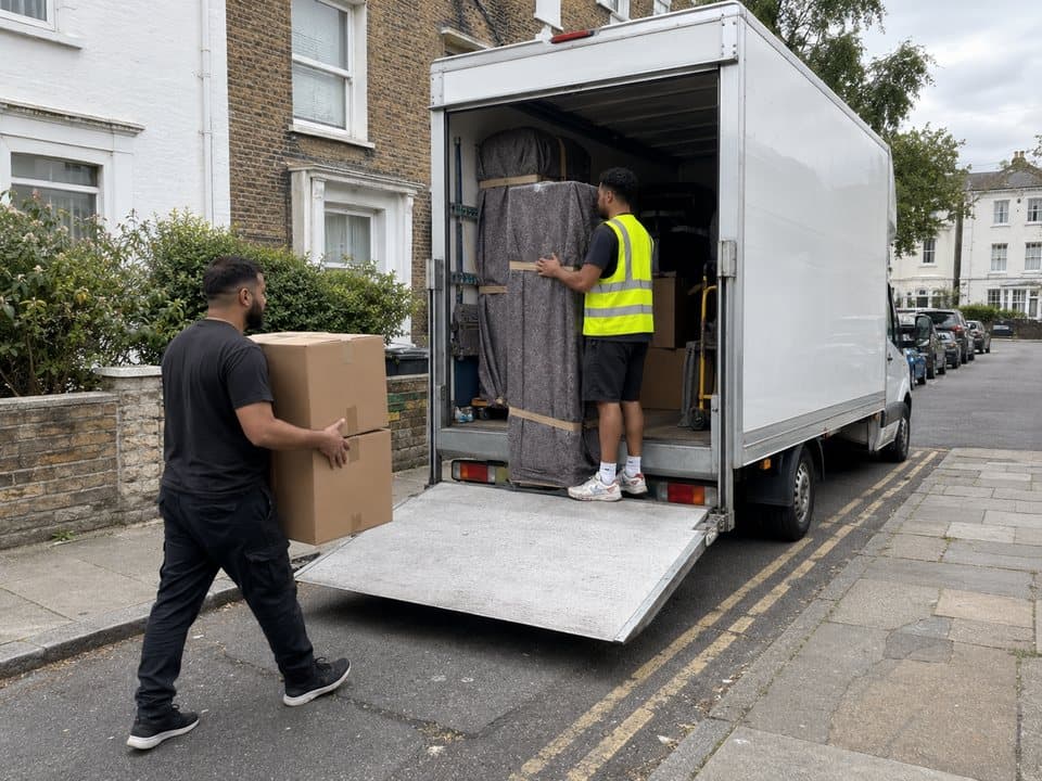 House removals in London: removal crew loading a wrapped mattress and boxes into a Luton van on a London street