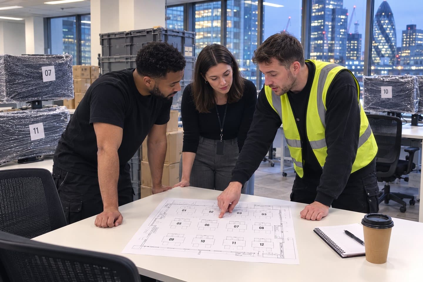 Two removals crew and an office manager looking at a printed floor plan on a desk in a part-emptied London office at dusk, numbered crates behind them.