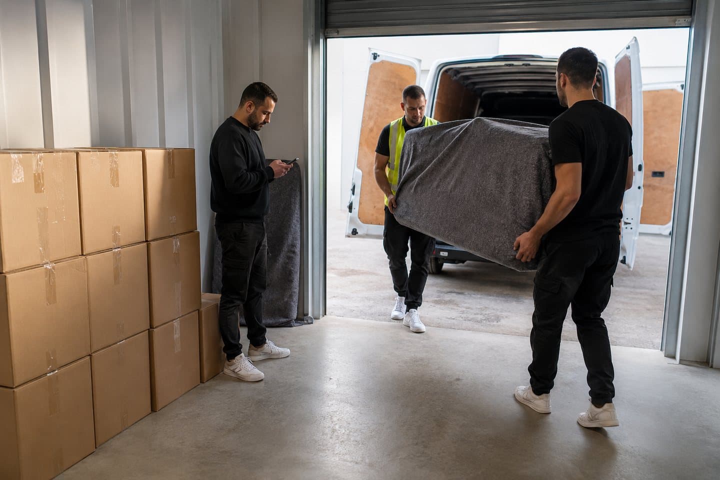 Removals crew carrying blanket-wrapped furniture into a clean storage unit while another checks items off a list, boxes stacked in rows behind.