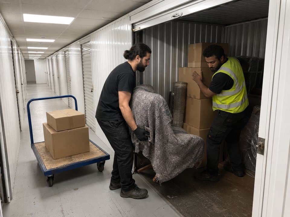 Storage in London: removal crew placing wrapped furniture and boxes into a self-storage unit