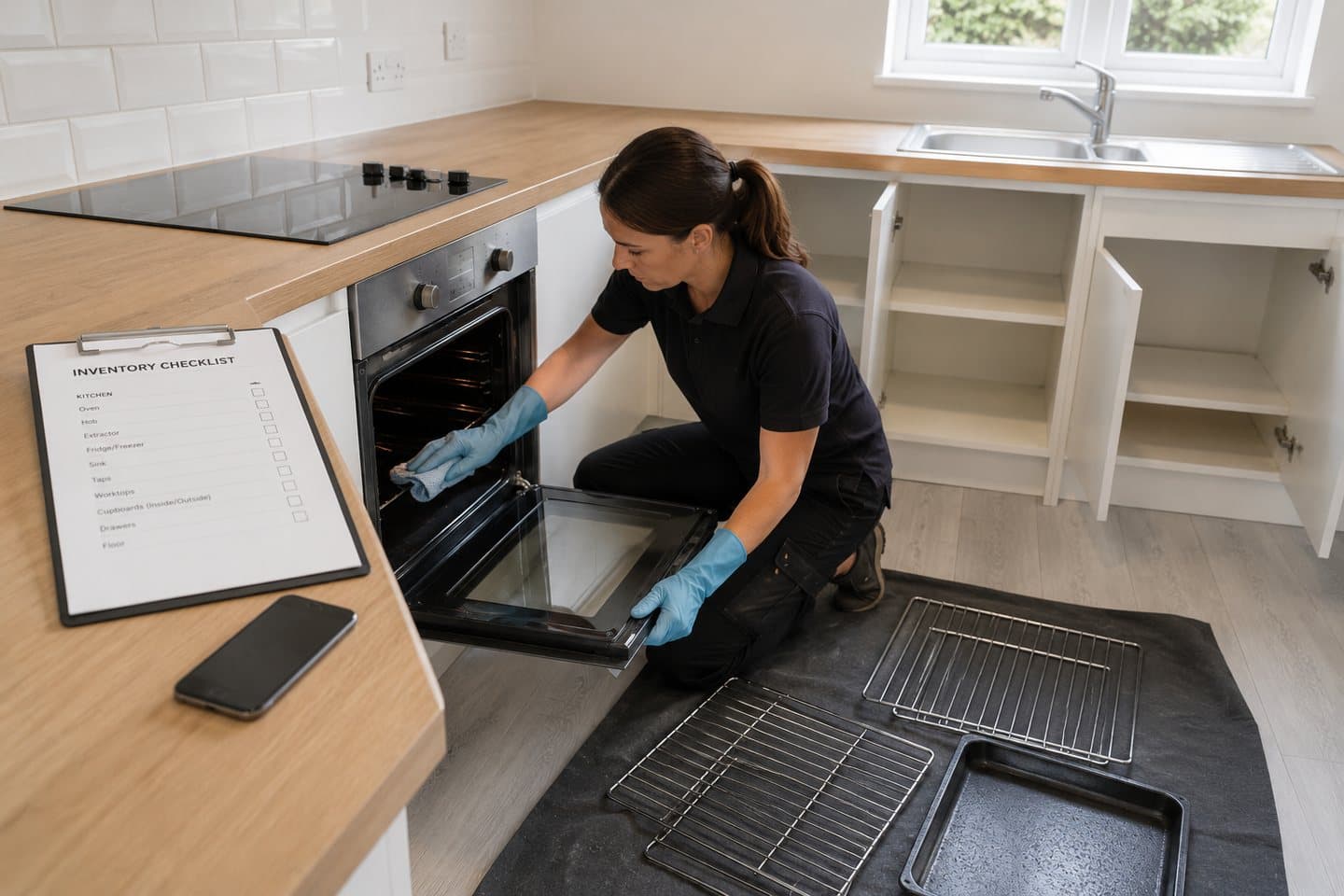 A cleaner in rubber gloves cleaning the inside of an oven in an emptied rental kitchen, the racks laid out on a sheet and an inventory checklist on the worktop.