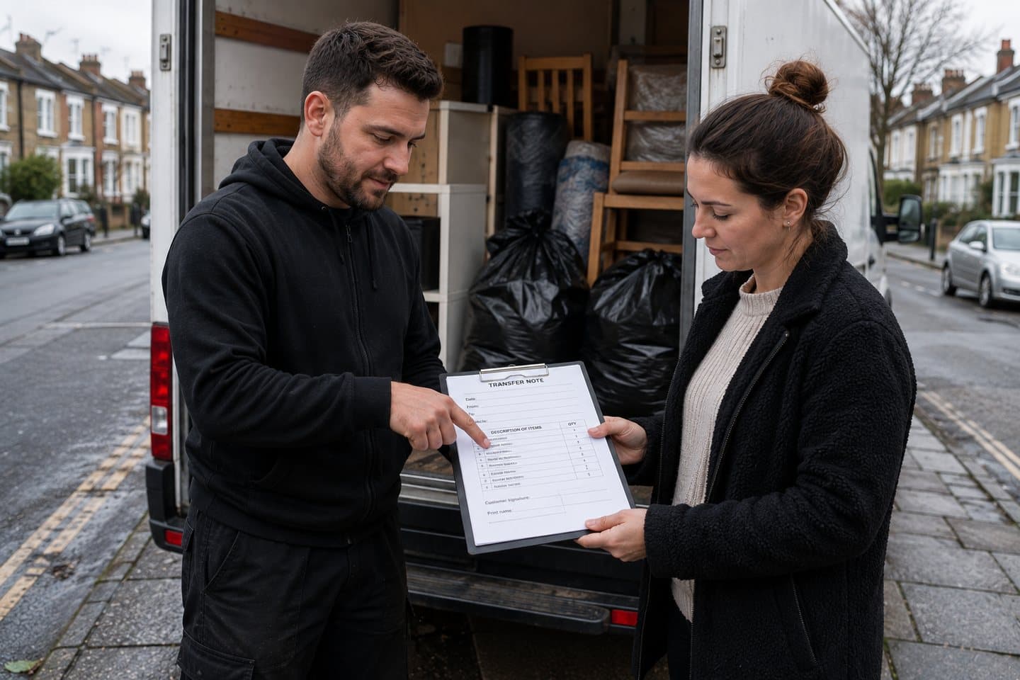 A crew member handing a waste transfer note on a clipboard to a customer at the back of a loaded van, both reading it.