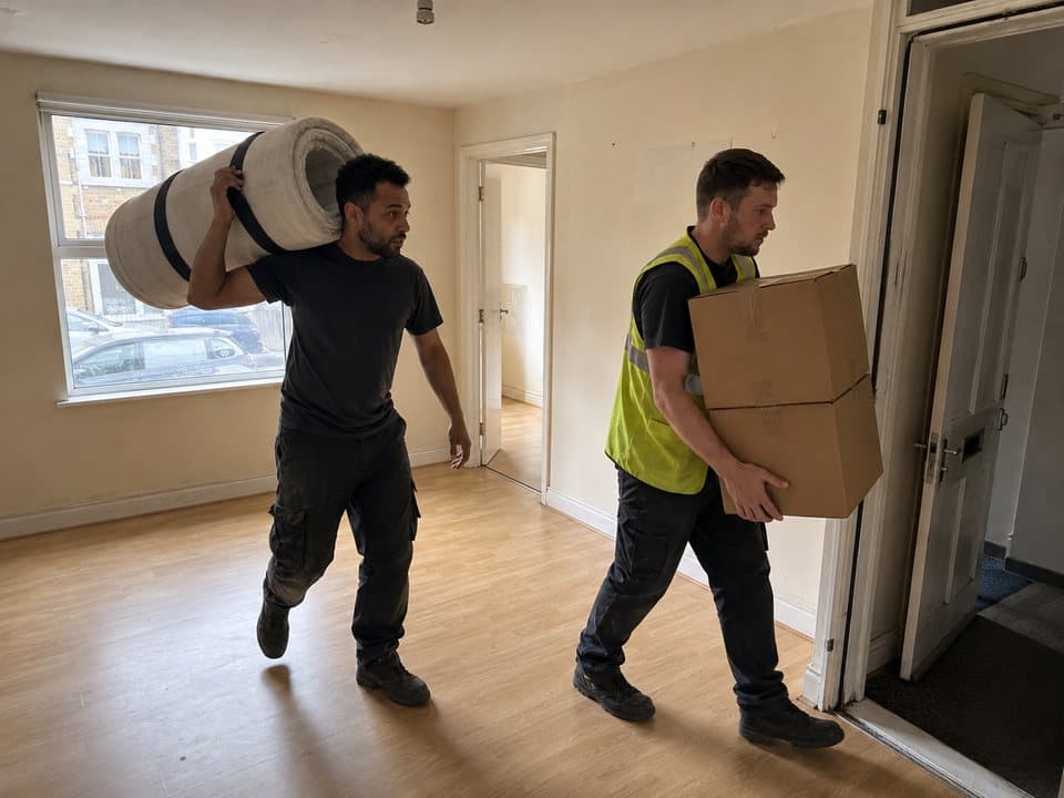 End of tenancy clearance in London: removal crew carrying a rolled carpet and boxes out of a cleared rental flat
