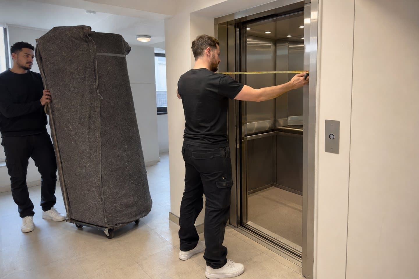 A removals crew member measuring the width of a communal lift doorway with a tape measure while a wrapped sofa waits on a trolley behind him.
