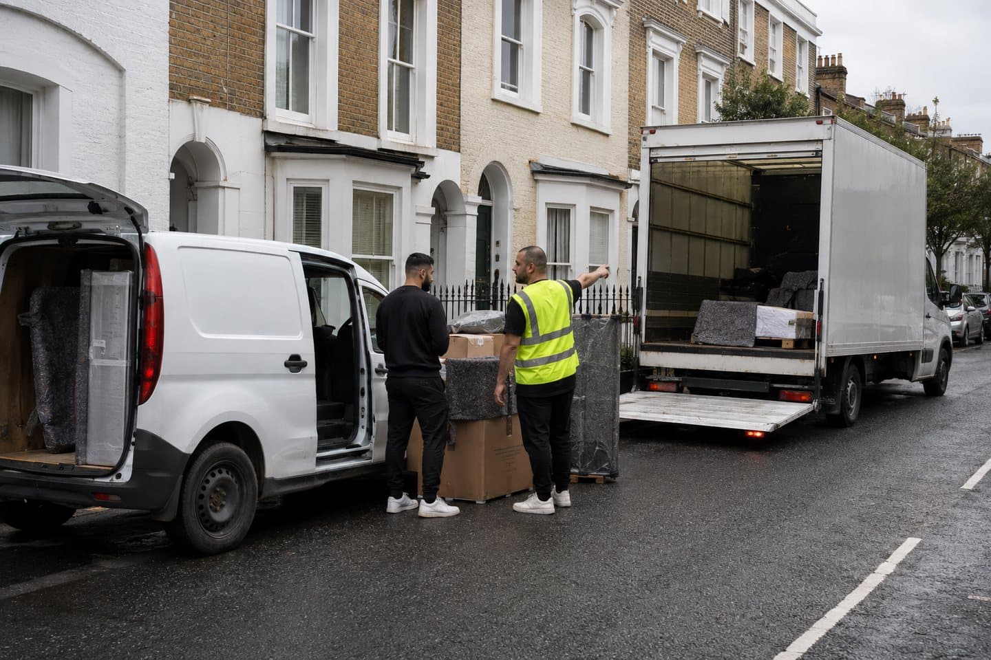 A small panel van and a larger Luton box van parked on a London street while a crew works out which one a part load of furniture needs.