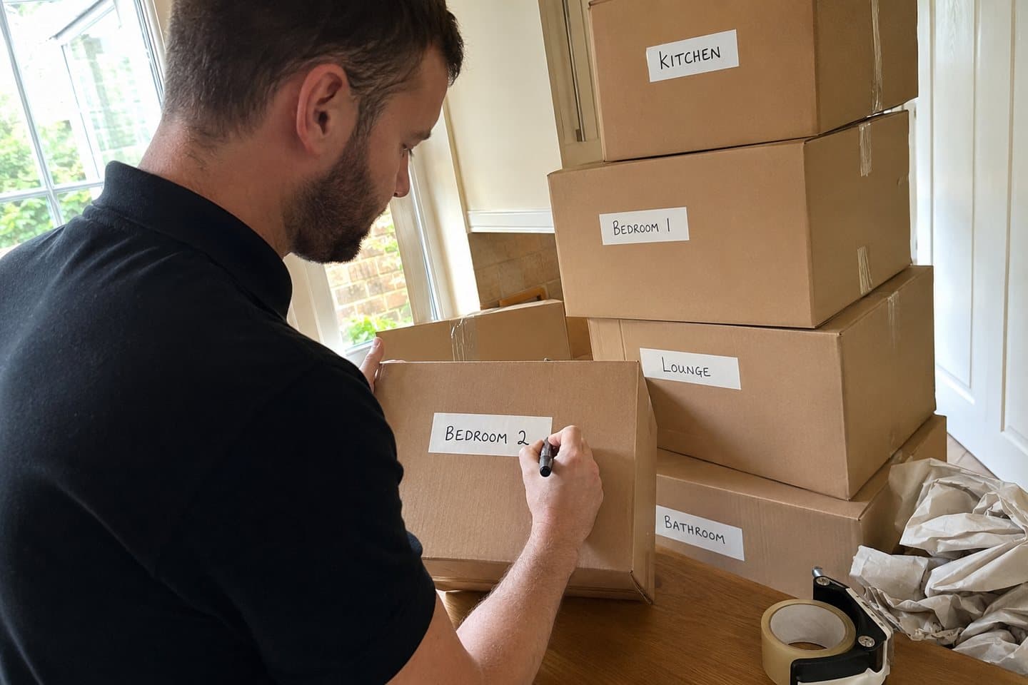 A packer writing a room name on a label on a sealed box, beside a stack already marked kitchen, bedroom, lounge and bathroom.