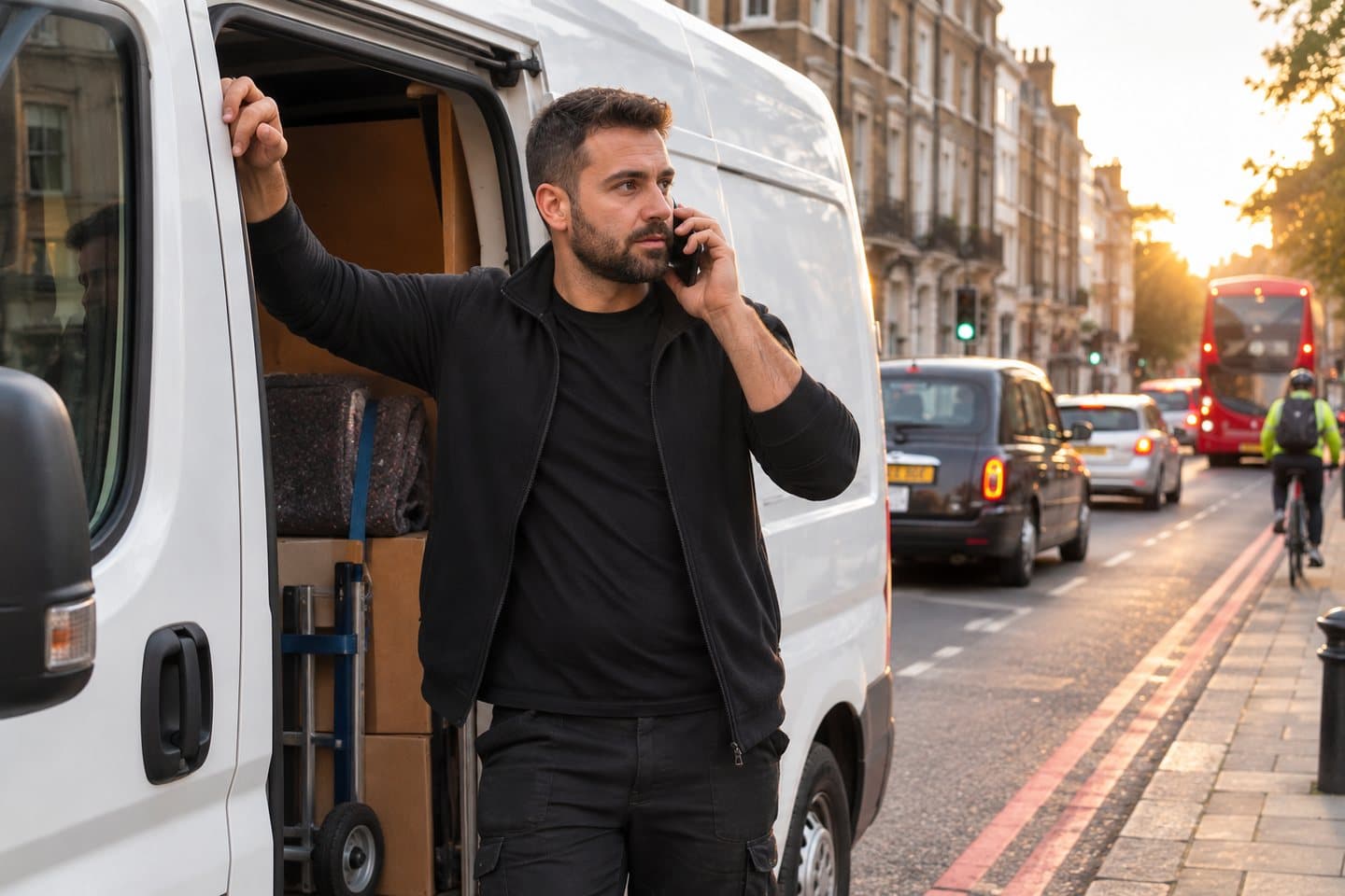 A driver on the phone at the open side door of a loaded van on a busy London street in the late afternoon, traffic behind him.