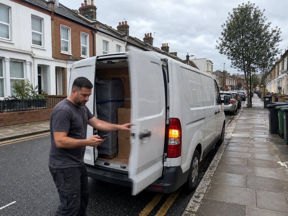Same day delivery in London: driver closing the rear door of a loaded van at the kerb, hazard lights on